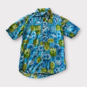 Vintage 60s/70s Blue & Lime Green Geometric Tropical Floral Print Shirt